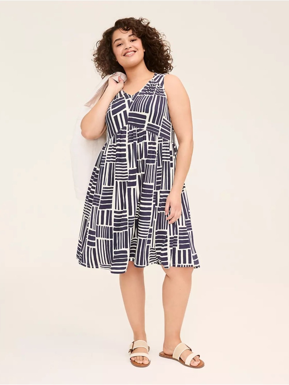 Lane Bryant Navy & White Geometric Sleeveless Midi Dress